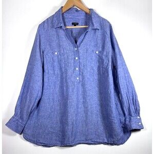 Talbots Linen Blouse Womens 1X Blue‎ Chambray Long Sleeve Popover Tunic Coastal